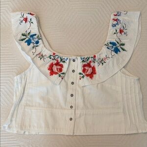 Anthropologie White Crop Top with Floral Embroidery